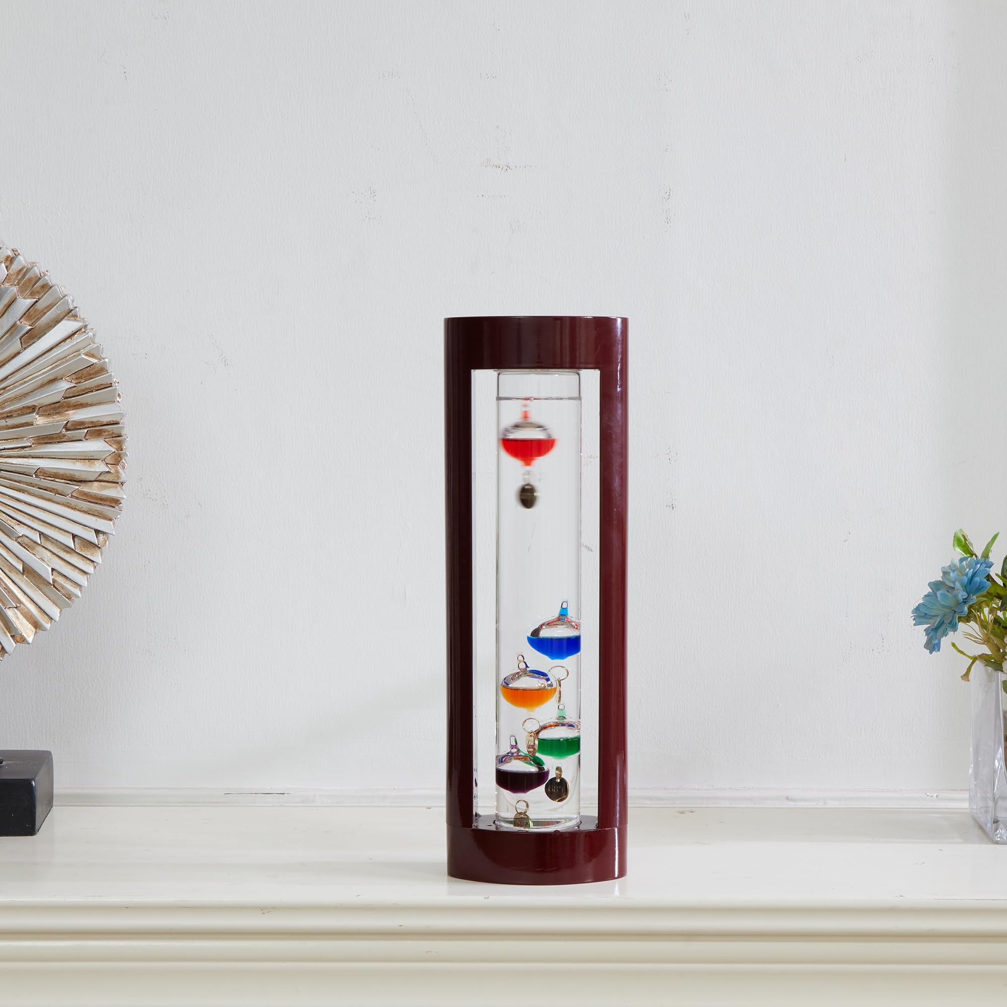 Galileo-Thermometer mit Holzrahmen und 5 farbigen Kugeln von 64ºF bis 80ºF, Galileo-Thermometer, wunderschönes Geschenk für Familie oder Freunde, Geschenk für Zuhause, Büro, Innen- und Außendekoration