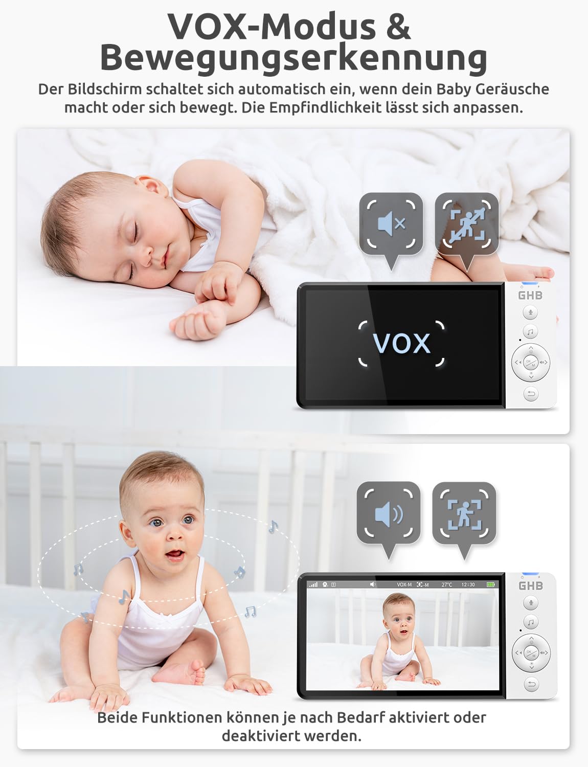 GHB Babyphone mit Kamera 5 Zoll 720P HD Display mit bis zu 168h Akkulaufzeit im VOX Bewegungserkennung Split-Screen-Anzeige Nachtsicht 4X Zoom manuell drehbar