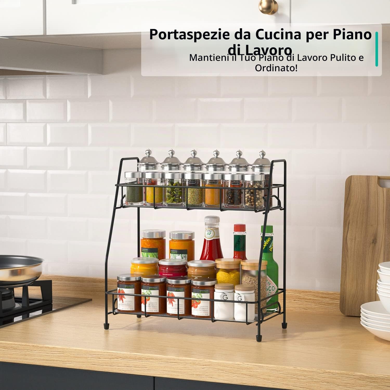 Supporto Porta Spezie Organizer per Cucina da Appoggio,Mensola Portaspezie Ripiani Organizzatore per Cucina Armadietto Bagno 2 Livelli,Nero