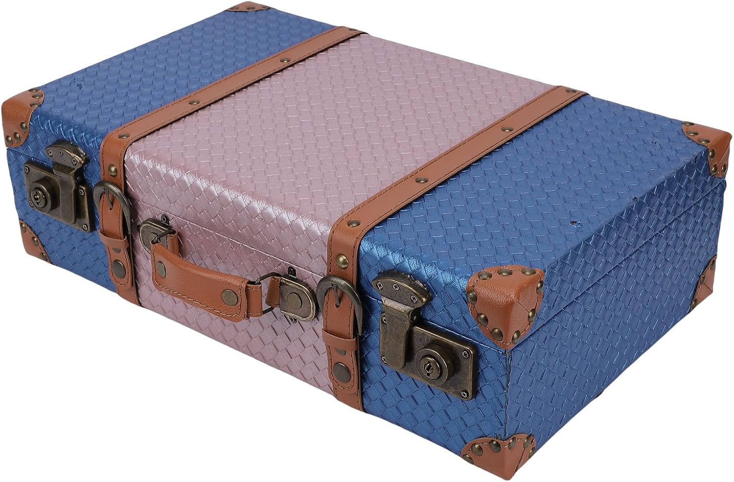 Decorative Trunk, Blue Roseate Woven Pattern PU Leather Composite Wood Suitcase Chest, Display Photography Prop for Home Storage, Window Decoration (L)