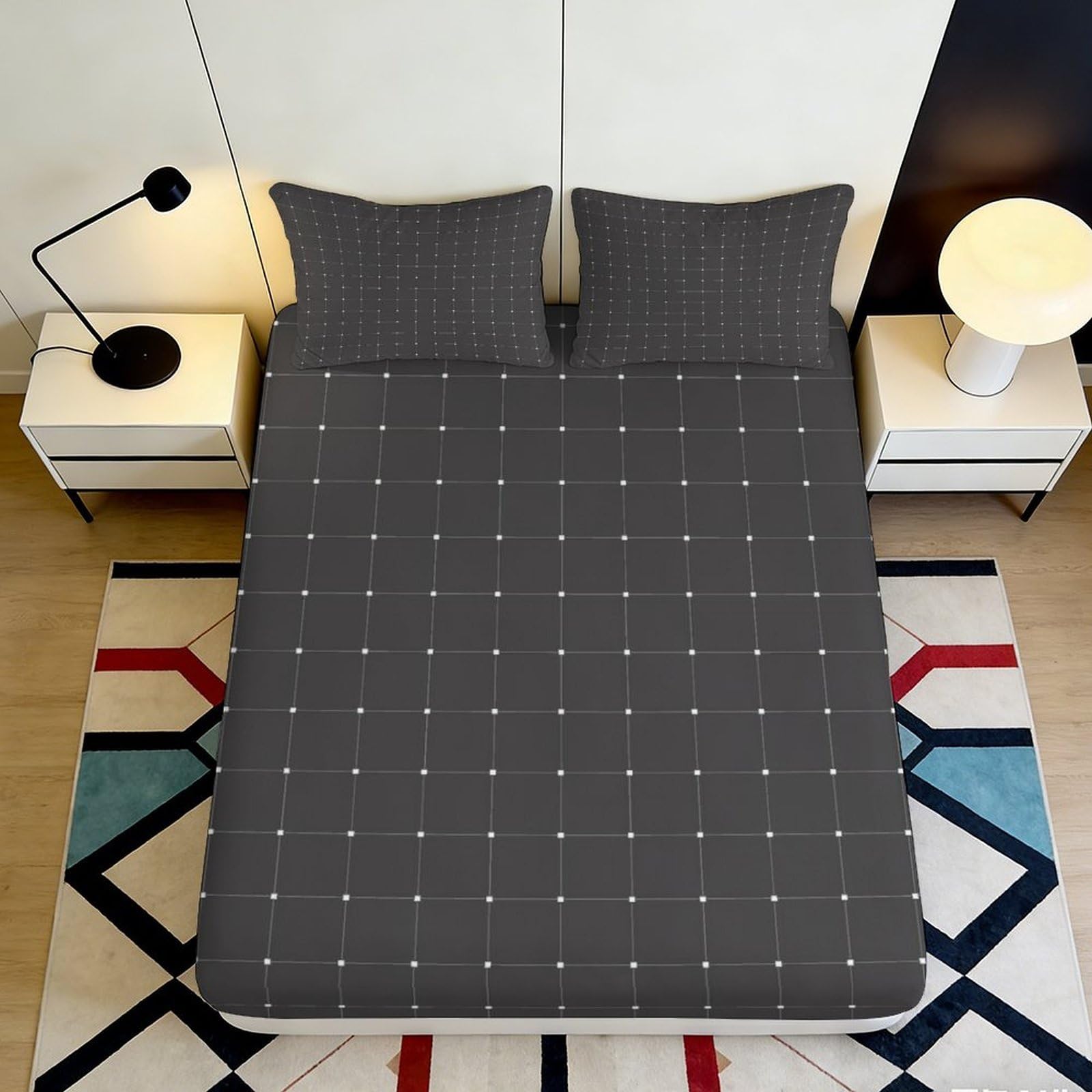 Jqzkxnhpbr Style-9 3D Printed Geometric Grid Fitted Sheet Microfiber Dark Grey Minimalist Mattress Cover Anti-Slip Bedroom Guest Room Decor Easy Care 90X200x25cm