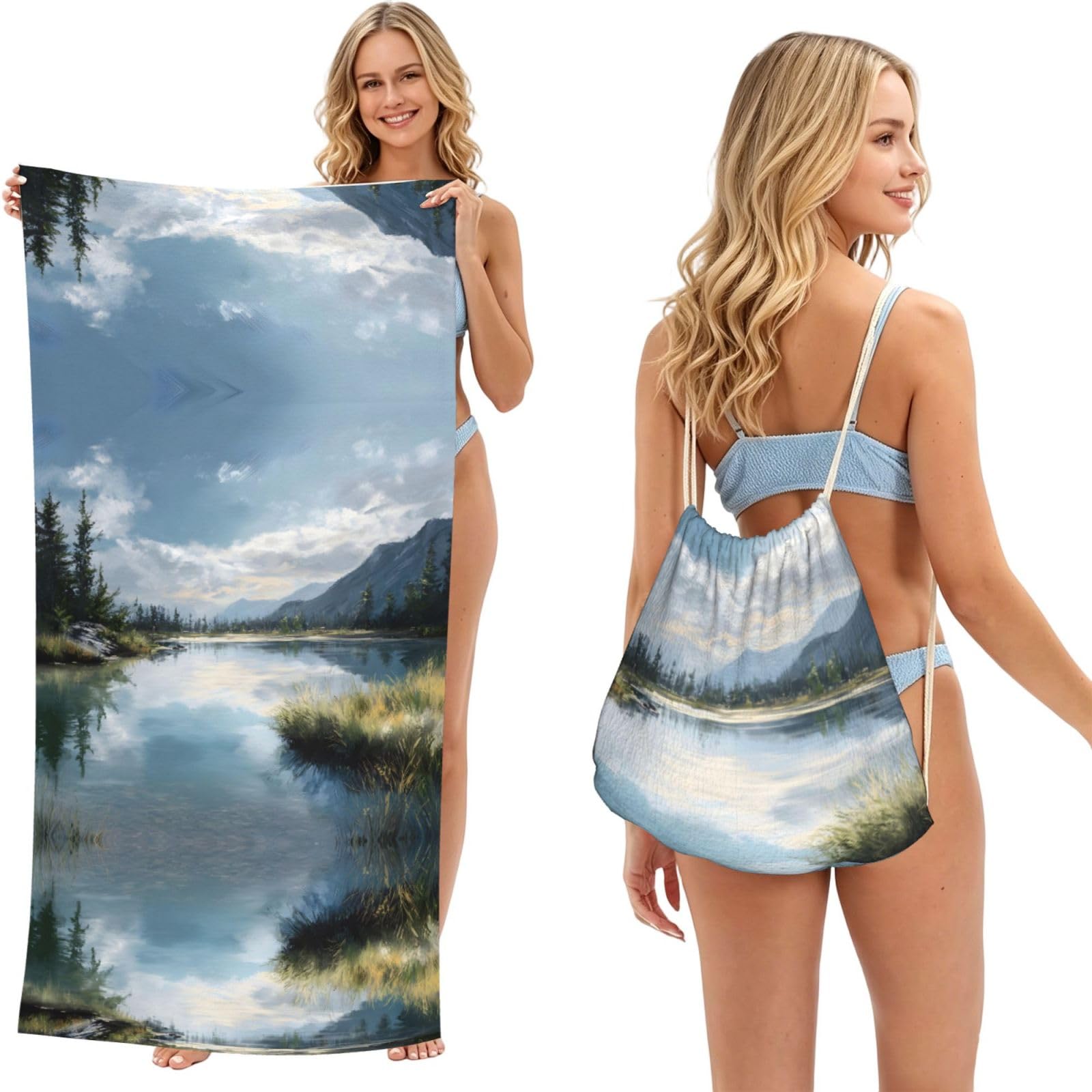 ESNAIUVCD Tranquil Lake Print Beach Towel For Adults,Towel With Drawstring Bag, Travel Pool Swimming Sports Shower Sand Free Quick Dry Bath Towel For Pool, Beach, Yoga- 180x60cm