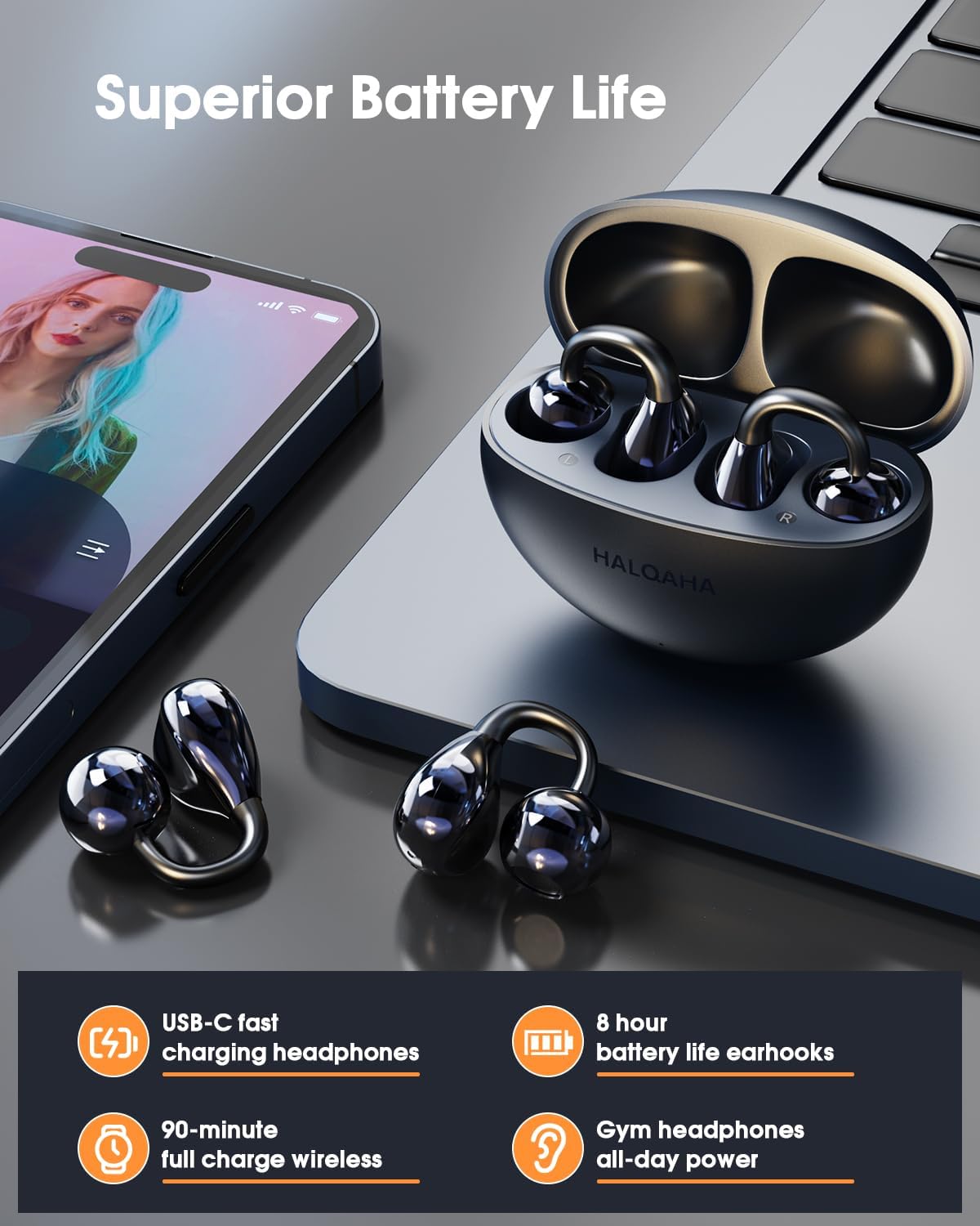 Clip on Earbuds, Open Ear Headphones, Wireless Bluetooth 5.4 Comfortable with Impactful Sound Noise-Free Conversation and Ultra-Long Battery Life,Waterproof for Glasses Wearers and Workouts