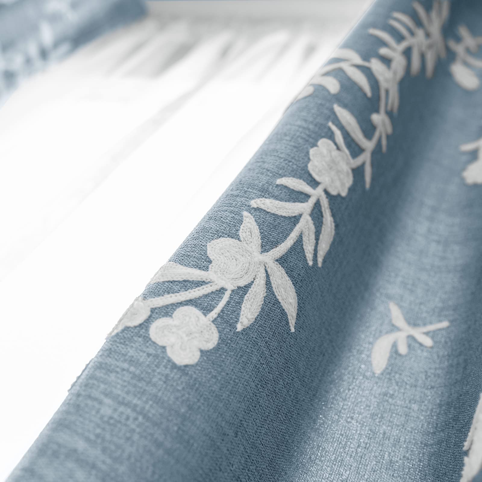 Melodieux Flower Embroidery Linen Blackout Blue Curtains for Living Room Bedroom Grommet Window Drape White Flower - Image 3
