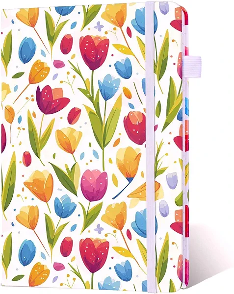 Gomew Lined Journal Notebook, A5 6x8 College Ruled Hardcover Leather Writing Journal with Japanese Paper, 160 Pages, Floral Tulip Design for Women and Men, for Work and Note Taking