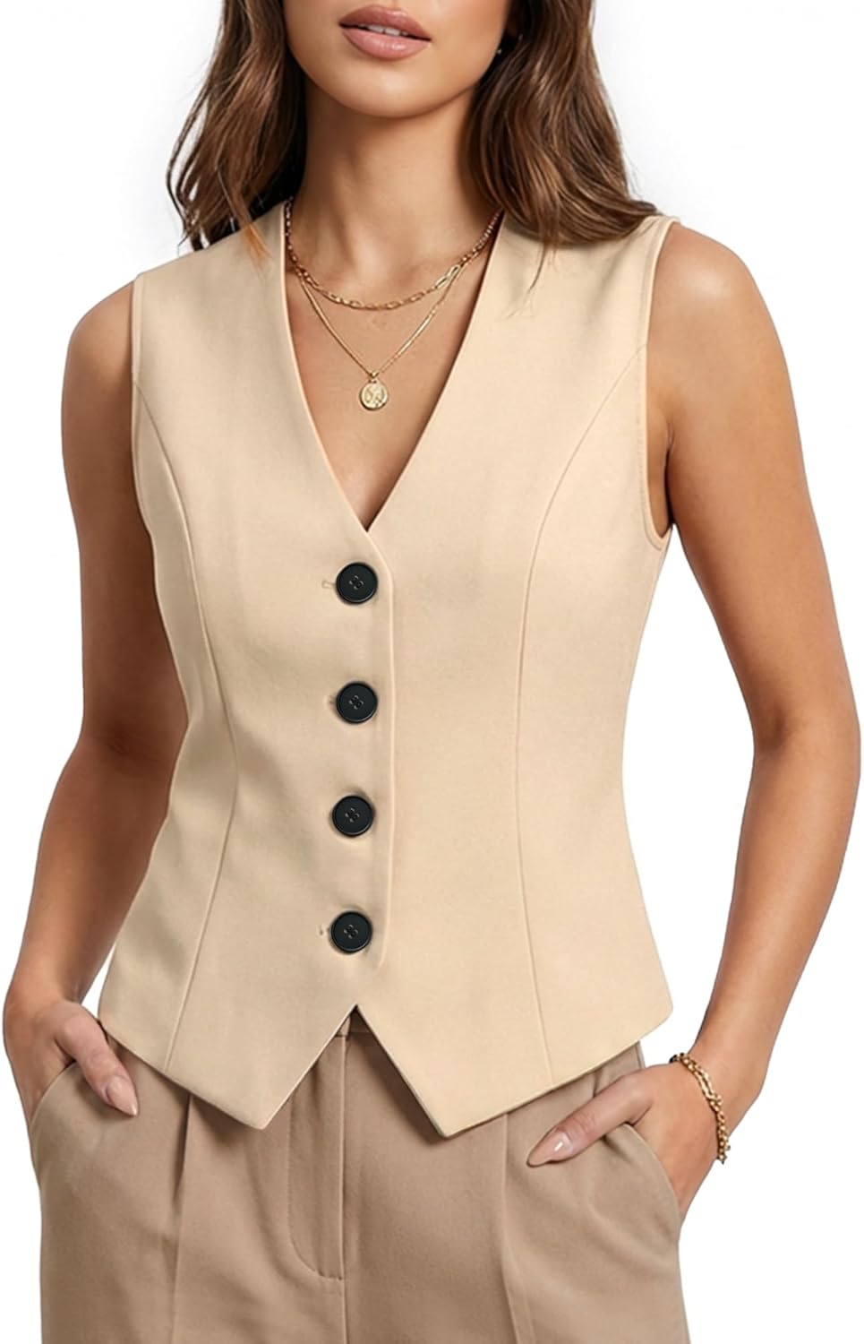 Women's Vest Top, Trendy V-Neck Four-Button Knit Waistcoat, Slim Fit Office Casual Wear for Work Business