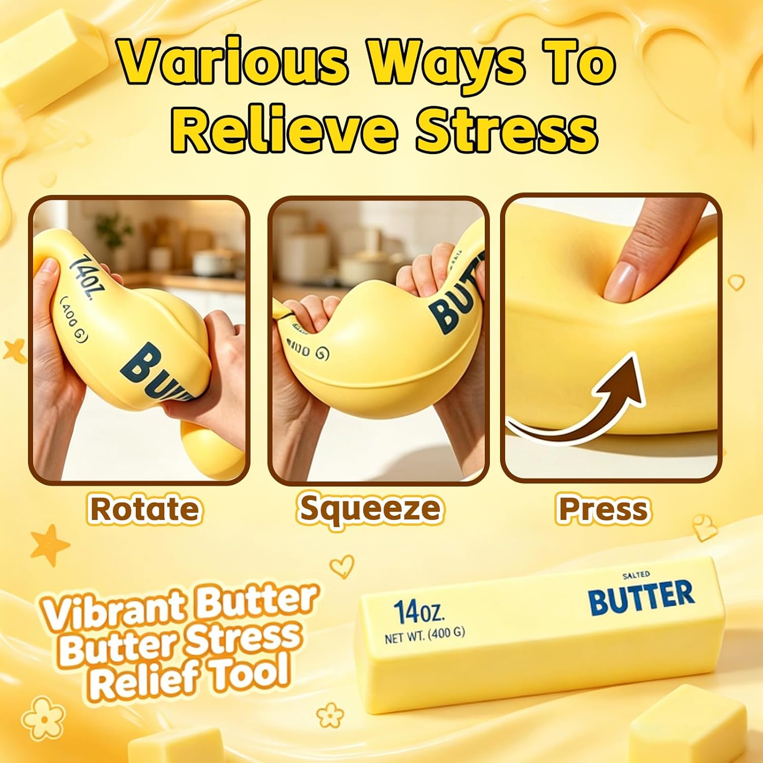 10in Giant Butter Squishy, Jumbo Big Butters 14oz Squeeze Stress Balls, Large Butter Stick Stress Relief Slow Rising Fun for Anxiety Relief Party Favors