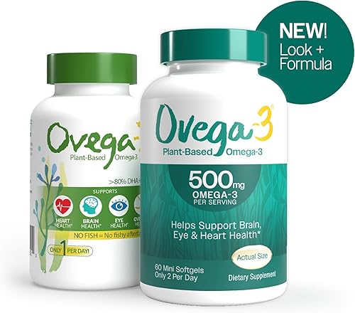 Miniatura 4 de Ovega-3 Omega-3 a base de plantas de aceite de algas, suplemento diario, 500 mg, apoya la salud del cerebro, los ojos y el corazón, dos mini