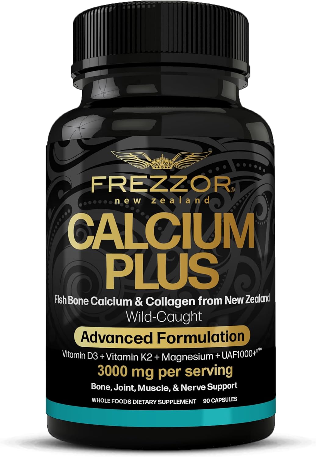 FREZZOR Calcium Plus with UAF1000+, New Zealand Natural Raw Calcium Supplement for Bones, Teeth, Gut Health, & Cardiovascular Support, Phosphorus, Magnesium, Collagen, Selenium, 90 Capsules, 1 Bottle