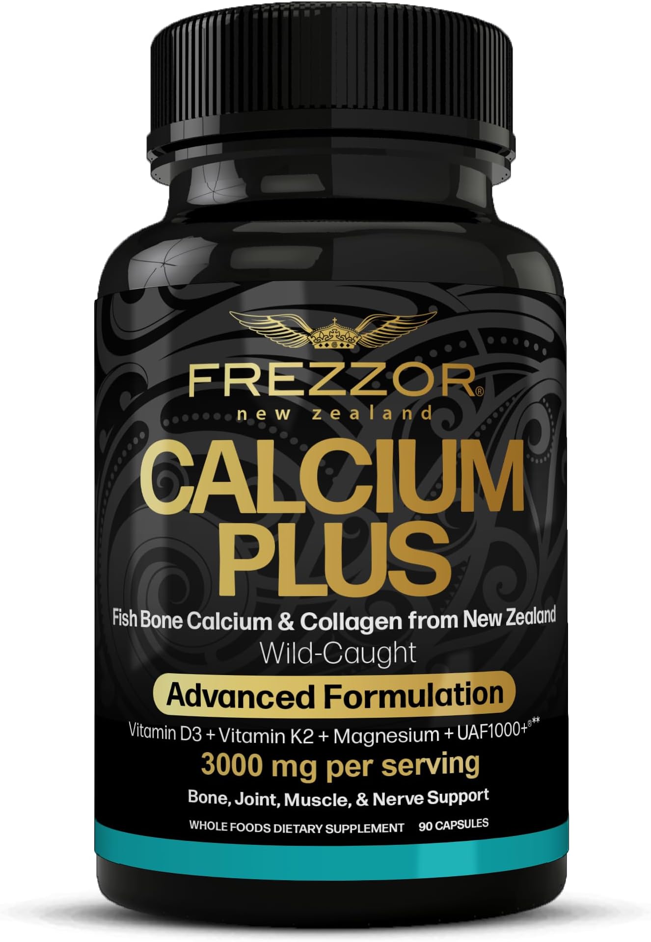 Calcium Plus with UAF1000+, New Zealand Natural Raw Calcium Supplement for Bones, Teeth, Gut Health, & Cardiovascular Support, Phosphorus, Magnesium, Collagen, Selenium, 90 Capsules, 1 Bottle