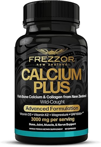 FREZZOR Calcium Plus con UAF1000+, suplemento natural de calcio crudo de Nueva Zelanda para huesos, dientes, salud intestinal y apoyo