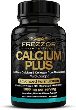 FREZZOR Calcium Plus with UAF1000+, New Zealand Natural Raw Calcium Supplement for Bones, Teeth, Gut Health, Cardiovascular Support, Phosphorus, Magnesium, Collagen, Selenium, 90 Capsules, 1 Bottle
