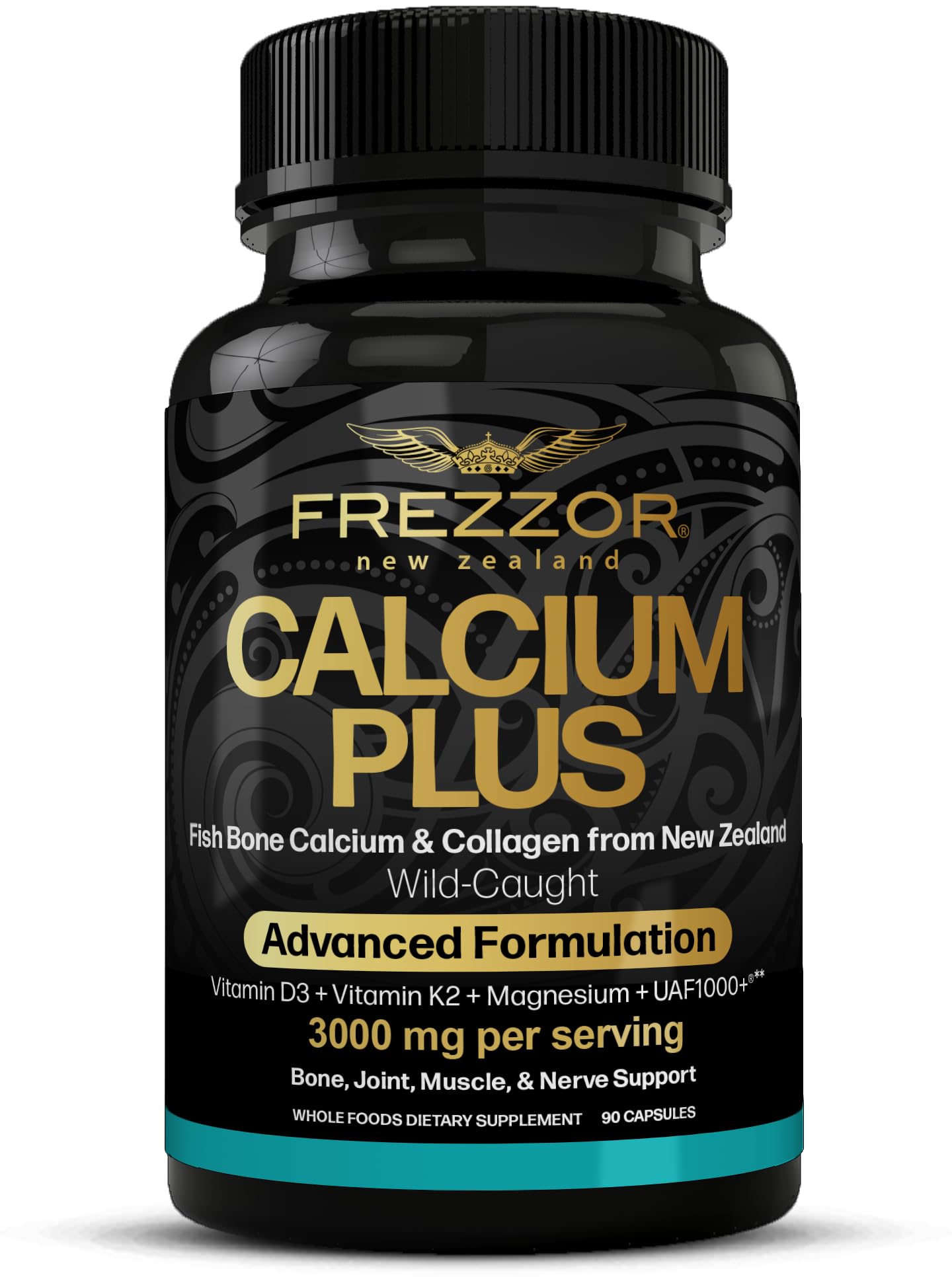 Calcium Plus with UAF1000+, New Zealand Natural Raw Calcium Supplement for Bones, Teeth, Gut Health, & Cardiovascular Support, Phosphorus, Magnesium, Collagen, Selenium, 90 Capsules, 1 Bottle