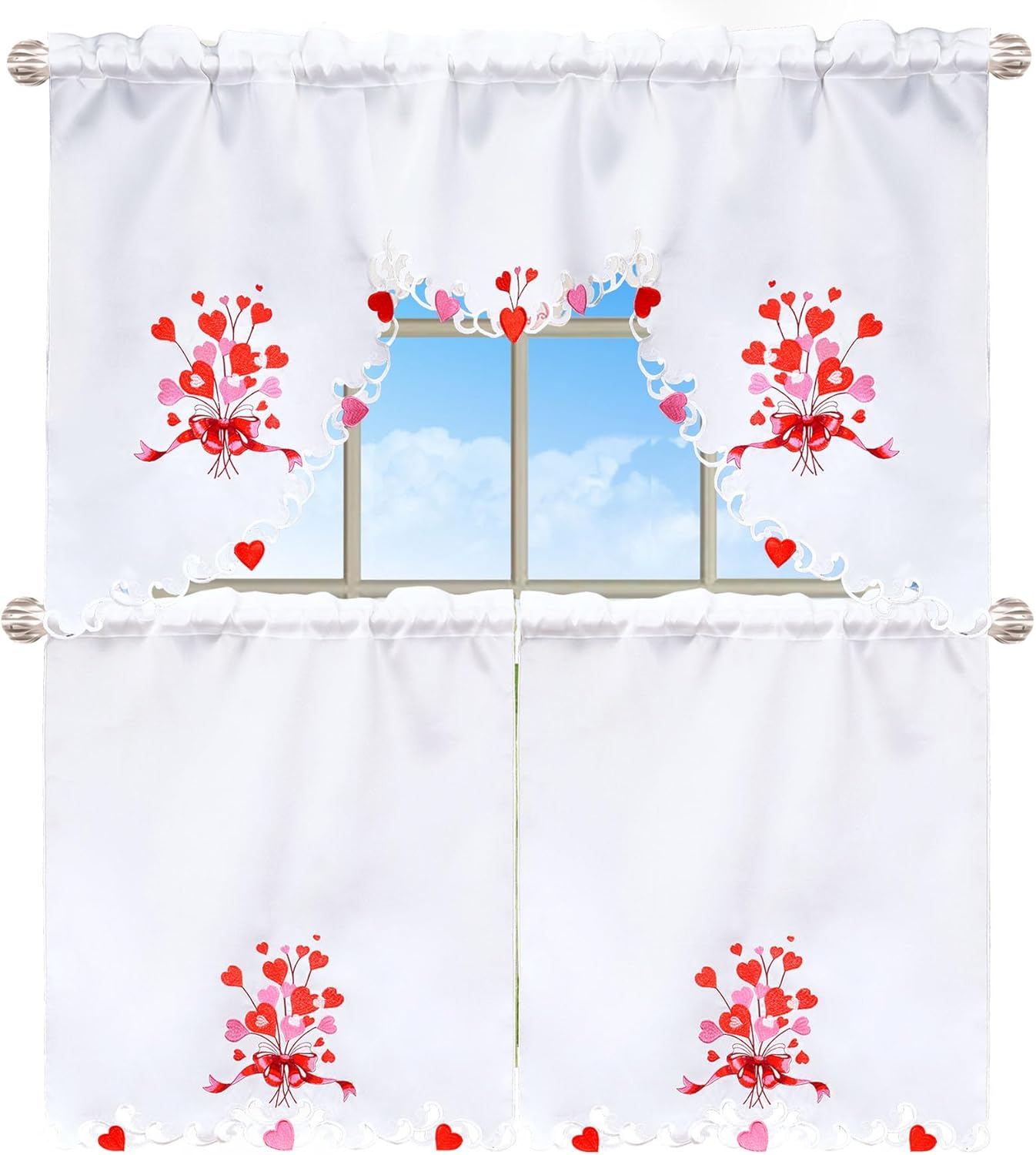 Grelucgo Embroidered Kitchen Window Rod Pocket Swag and Tiers Curtain Set (Heart)