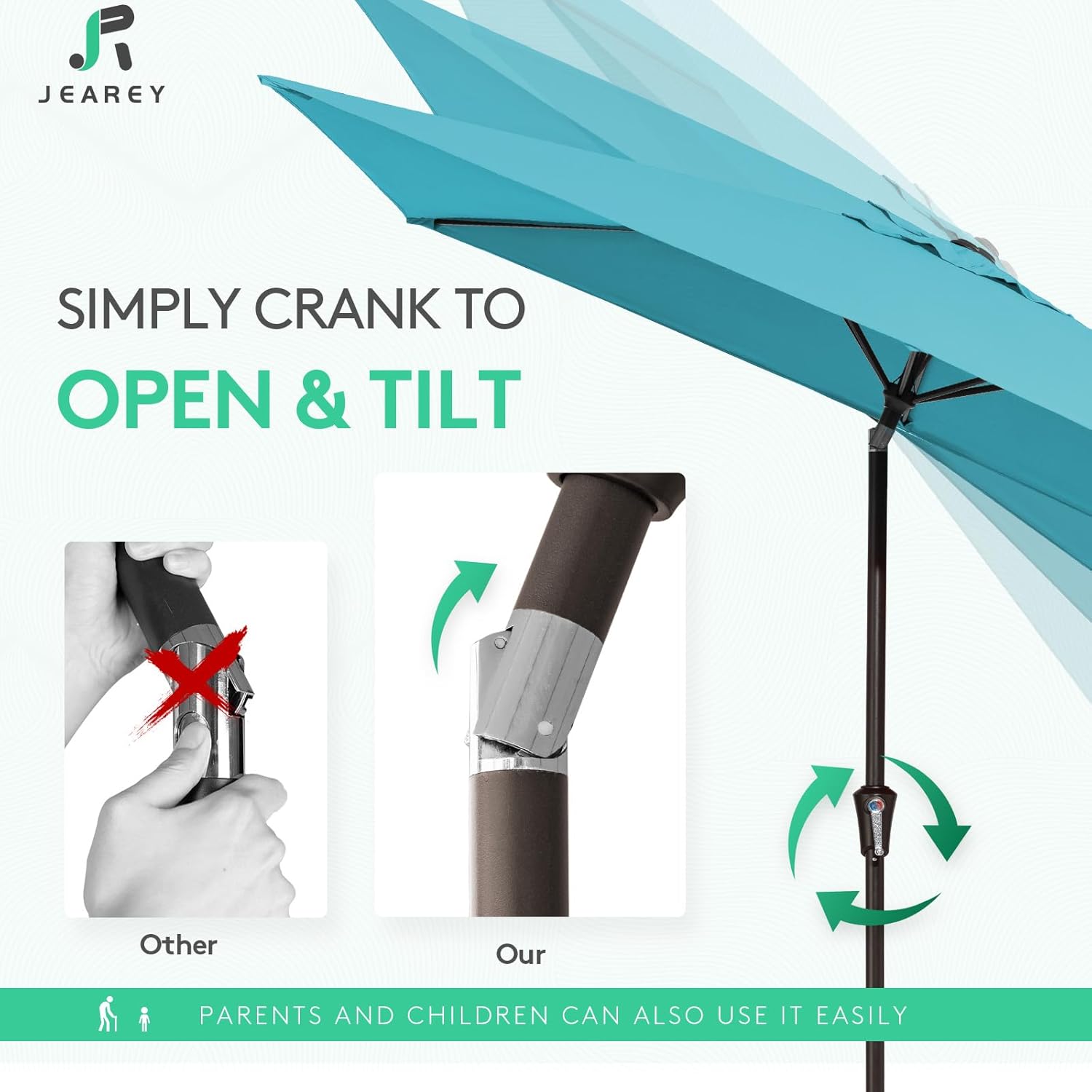 JEAREY 6.5x10ft Olefin Rectangular Patio Umbrella, Rectangle Outdoor Umbrellas with Auto Tilt Crank System, Market Table Umbrella UV Protection Fade-Resistant for Pool Deck Garden Yard, Lake Blue