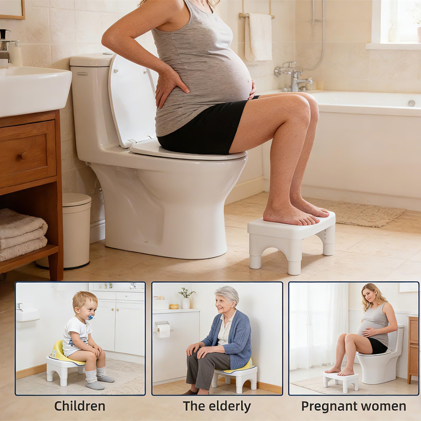 Adjustable Height Potty Step Stool for Adults, Non-Slip Bathroom Squat Aid, Removable Toilet Step for Colon Health, Portable Squat Stool, Family Health Accessory (White-2PCS)