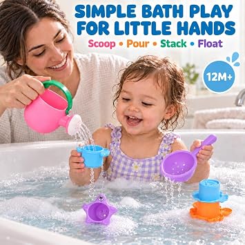 Fajiabao Toddler Bath Toys for Kids Ages 1-3 Stack, Scoop & Pour Set 5PCS