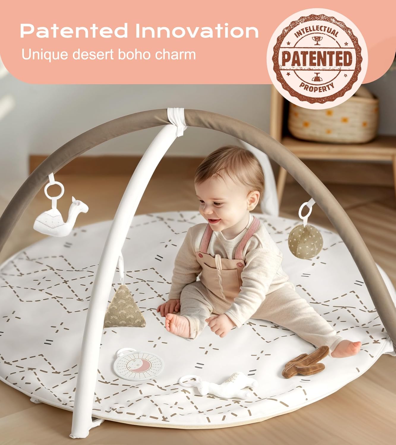 Little Dove Tummy Time Mat with 6 Toys, Macrame Baby Play Mat for Newborn, Baby Gym with 12 Milestone Cards, Stage-Based Sensory and Motor Skill Development Baby Play Gym, Non Slip Mat Washable, Khaki - Image 2