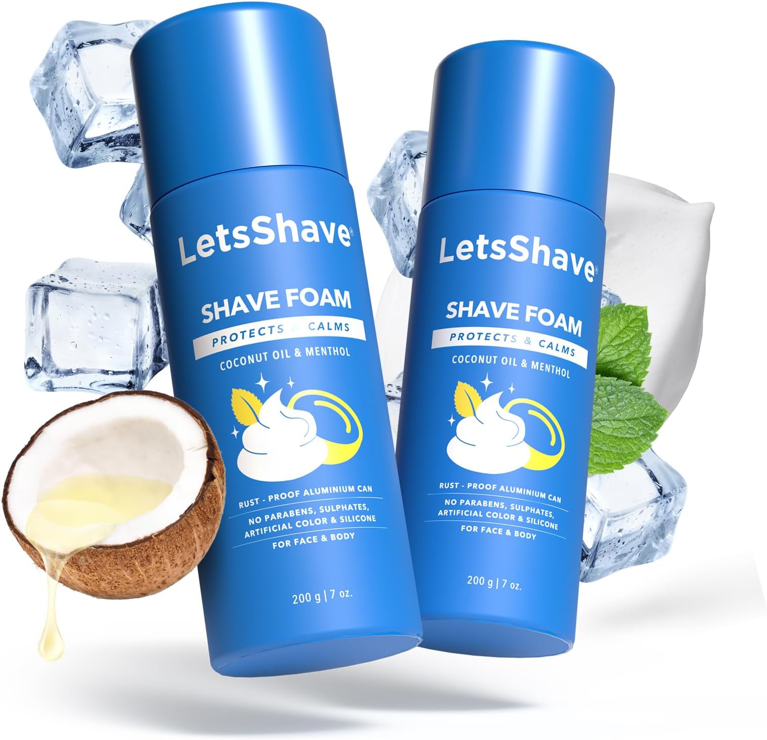 LetsShaveShave Foam Sensitive Skin Protection with Coconut Oil and Menthol, Paraben and Sulphate Free | Rust-Proof Aluminium Bottle - 200 gram Each, Pack of 2 (2-Count)