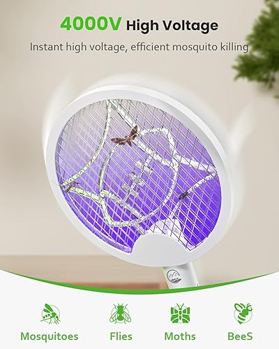 Miniatura 2 de Raqueta matamoscas eléctrico, plegable 2 en 1 con lámpara de trampa morada, 4000 V y 1500 mAh potente matamosquitos con recargable tipo C para