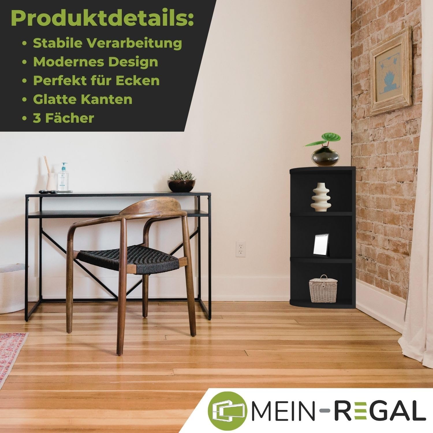 Coemo Eckregal Corner 60, 30x30x60 cm, Bücherregal 3 Fächer, Holzregal | Eckregal stehend, aus Holz schmal, der ideale Platzsparer für deine Ecke, Ob kunstvolle Dekorationen, als Bücherregal