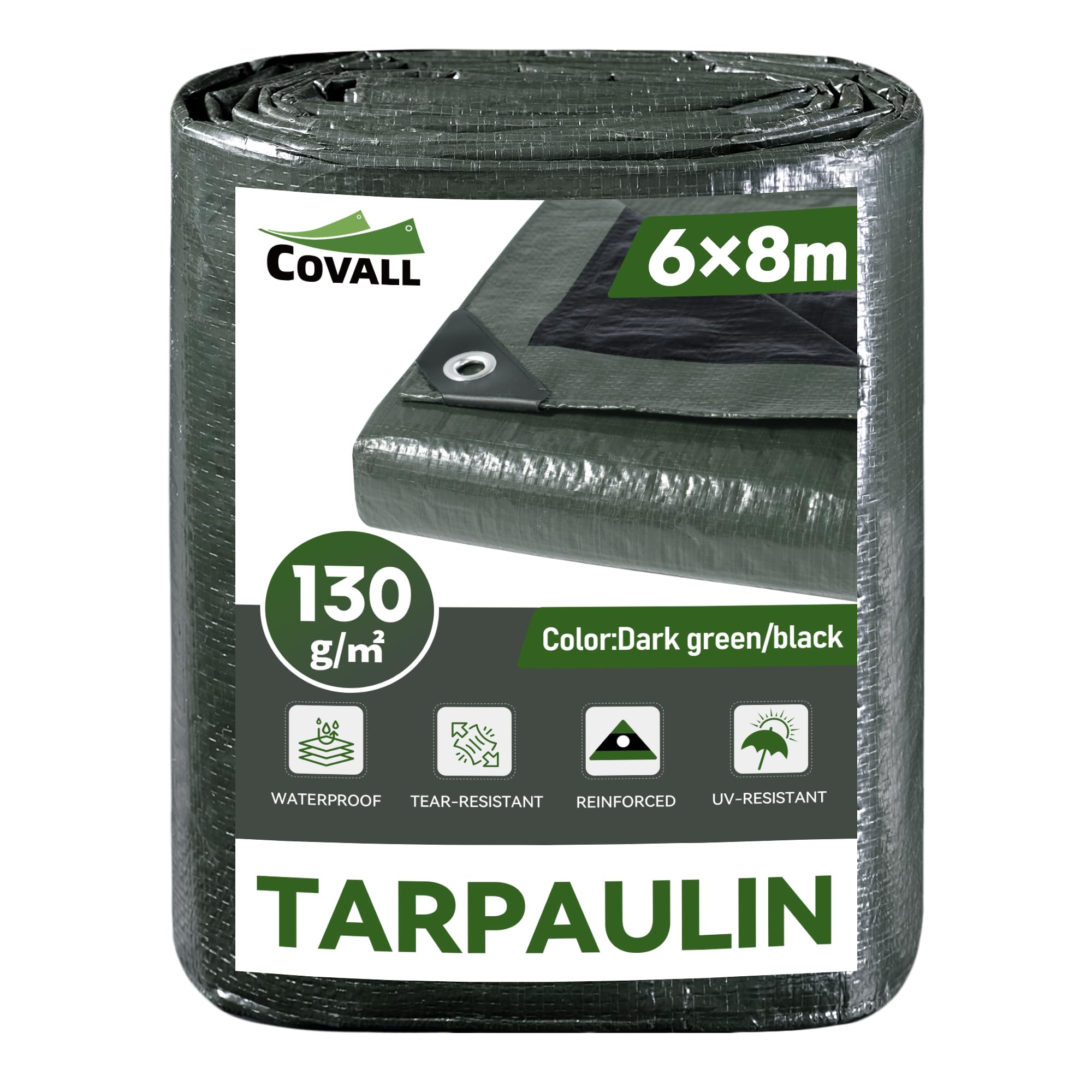 COVALL Tarpaulin 6mx8m waterproof Medium-Duty Tarp 130GSM UV-Resistant/Tear Resistant Dark green/black large tarpaulin with Reinforced Eyelets groundsheet for camping OutdoorGarden/Pool/roof/Car Cover — image 1