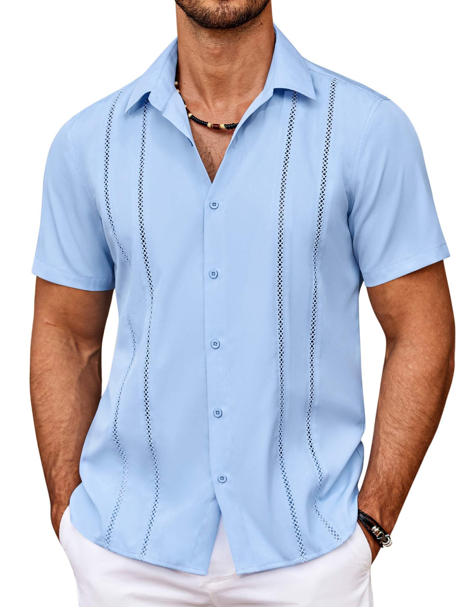 COOFANDY Men's Cuban Guayabera Shirt Summer Beach Vacation Shirt Casual Short Sleeve Button Down Resort Wear