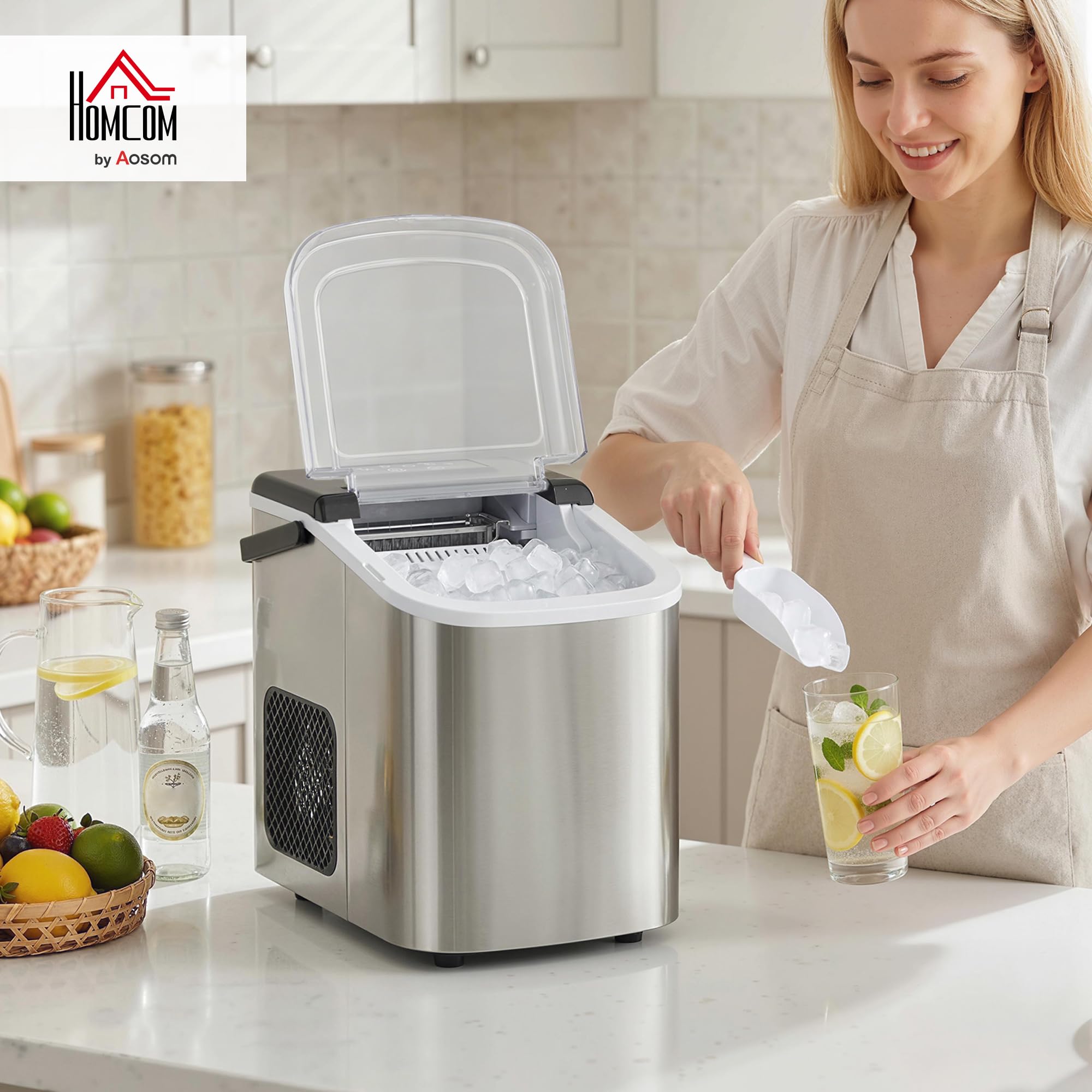 HOMCOM Machine à glaçons, 12kg en 24h, 9 glaçons en 7 minutes, ice maker portable avec fonction autonettoyante, panier et pelle, machine à glaçons pour maison, cuisine, bureau, bar, argent