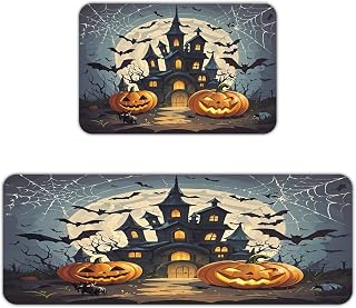 Pumpkin Lantern Castle Kitchen Mats for Floor 2PCS Waterproof Non-Slip Kitchen Rugs Cushioned Anti-Fatigue Mat Heavy Duty Floor Mats Comfort Standing Mat for Kitchen Home Office Laundry