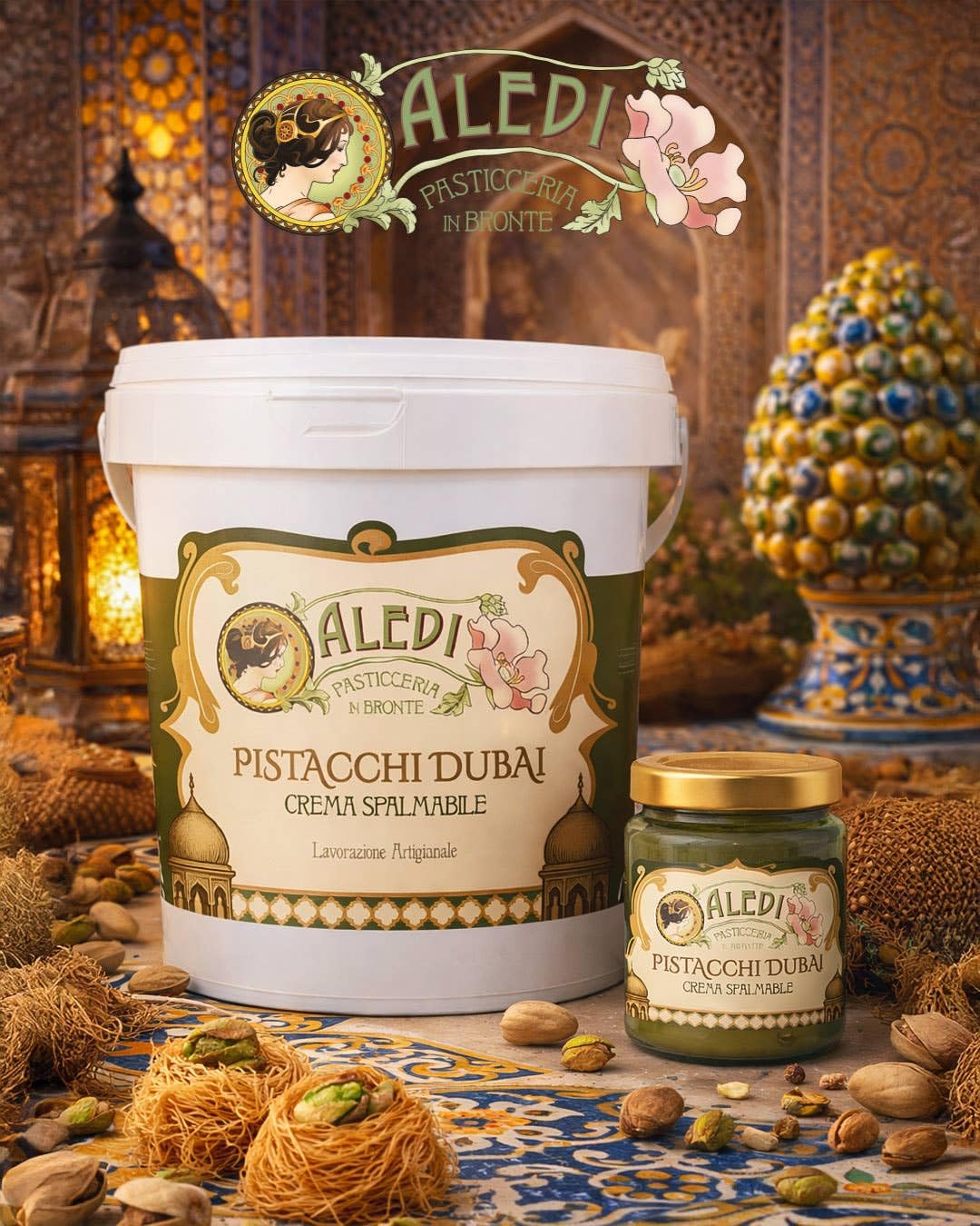 Aledi Pasticceria in Bronte Dubajska Krem Pistacjowy z 12% Kadayif, 30% Pistacji, Chrupiące Smarowidło, 1 kg