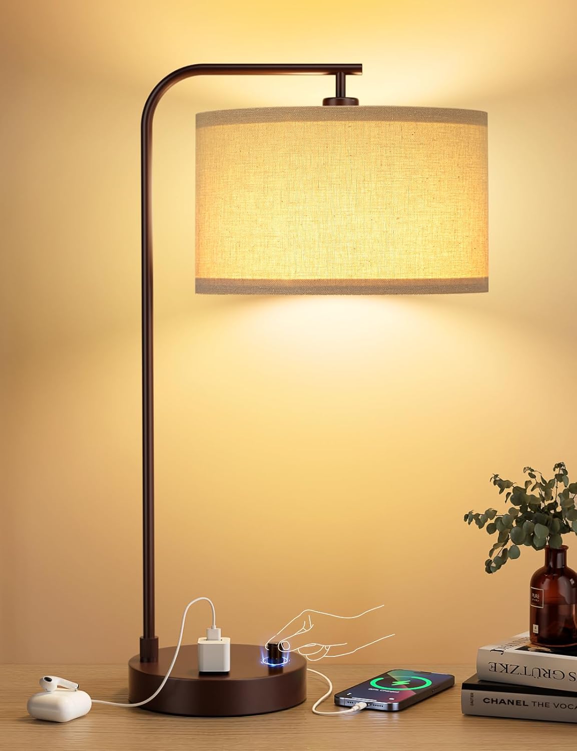 Innqoo Brown Side Table Lamp with USB Port and Outlet, Dimmable Nightstand Bedside Lamps with Linen Lampshade, Desk Lamp for Bedroom, Living Room, Guest Room, Home Office, LED Bulb Included E-Beige Shade& Brown Base