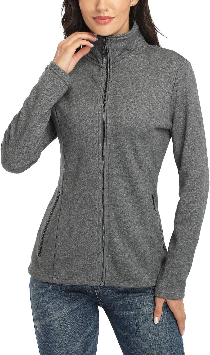 Women's Full-zip Jacket Stand Collar Sweatshirt Hoodless Cotton Slim Fit Running Jackets with Pockets - Image 4