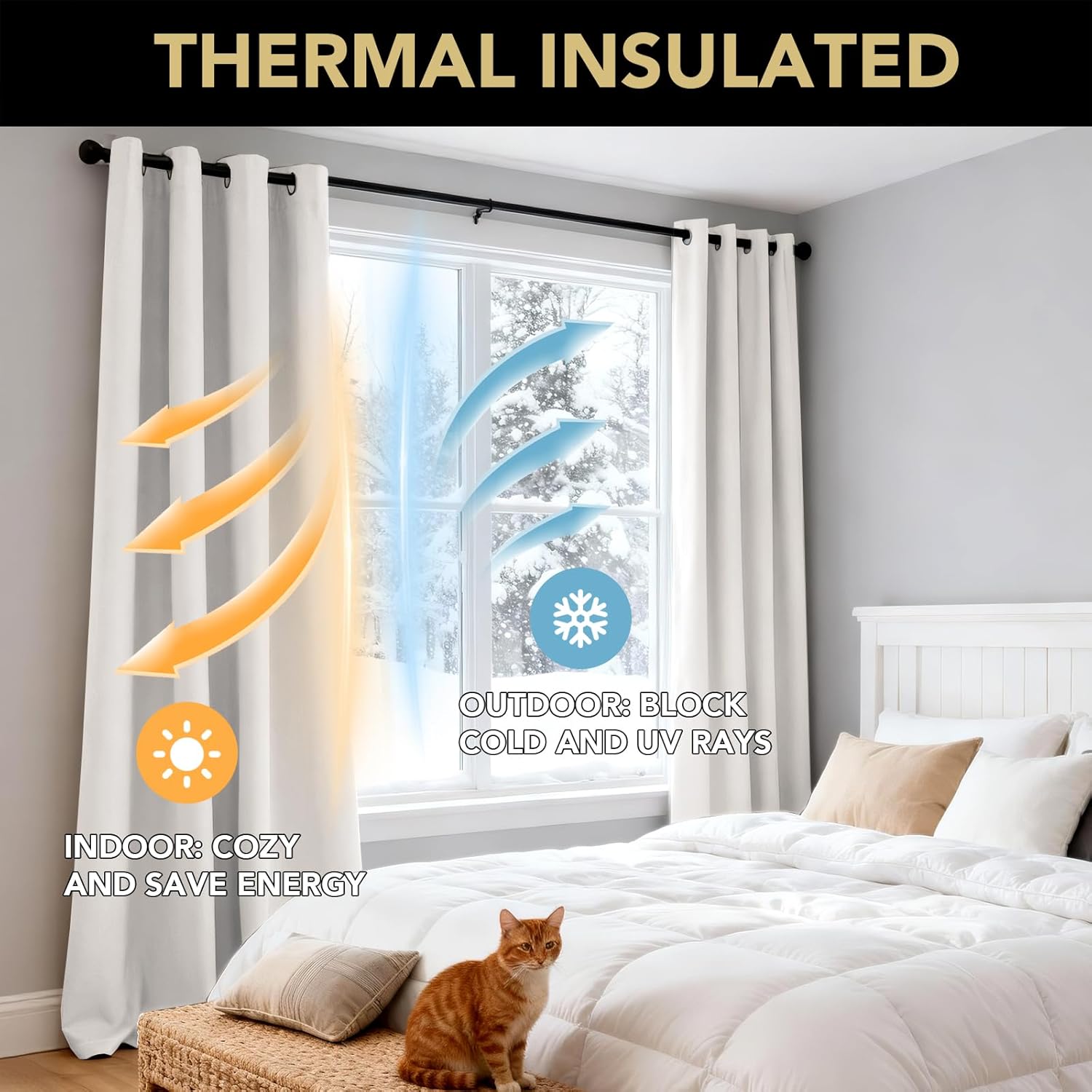 PrinceDeco Blackout Curtains for Bedroom – 100% Light Blocking Thermal Insulated Curtains 63 inch Length, Noise Reducing Energy Saving Drapes for Living Room,Nursery,2 Panels,55" W x63 L,Ivory