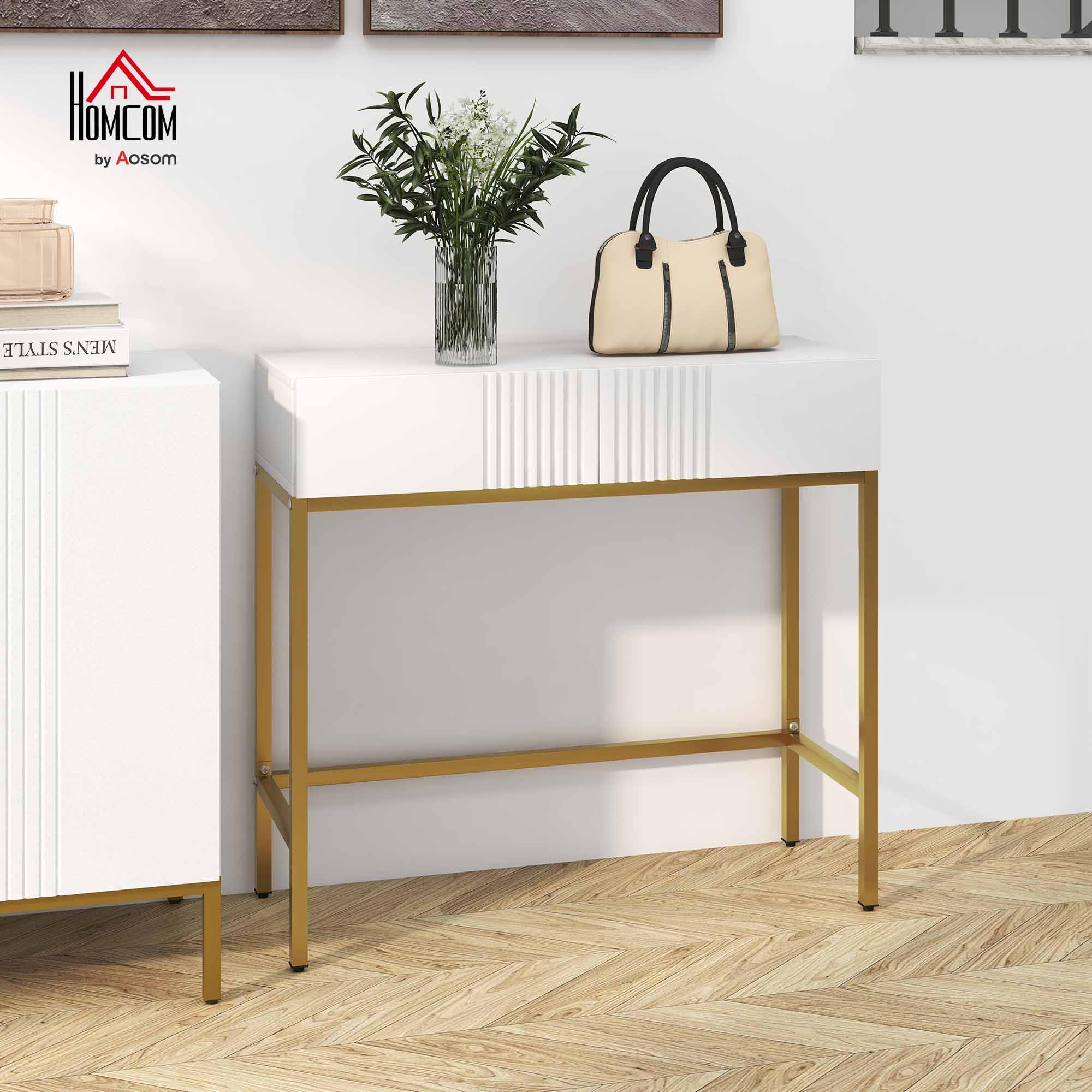HOMCOM Consolle da Ingresso con 2 Cassetti 80x31.5x75cm Bianco | Tavolo Consolle, Gambe Dorate, per Soggiorno e Salotto