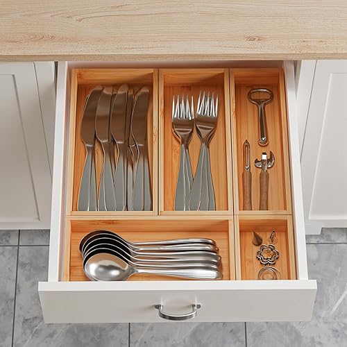 Miniatura 3 de Juego de organizador de cajones de bambú, 5 bandejas de almacenamiento de madera para cocina, baño, oficina, maquillaje