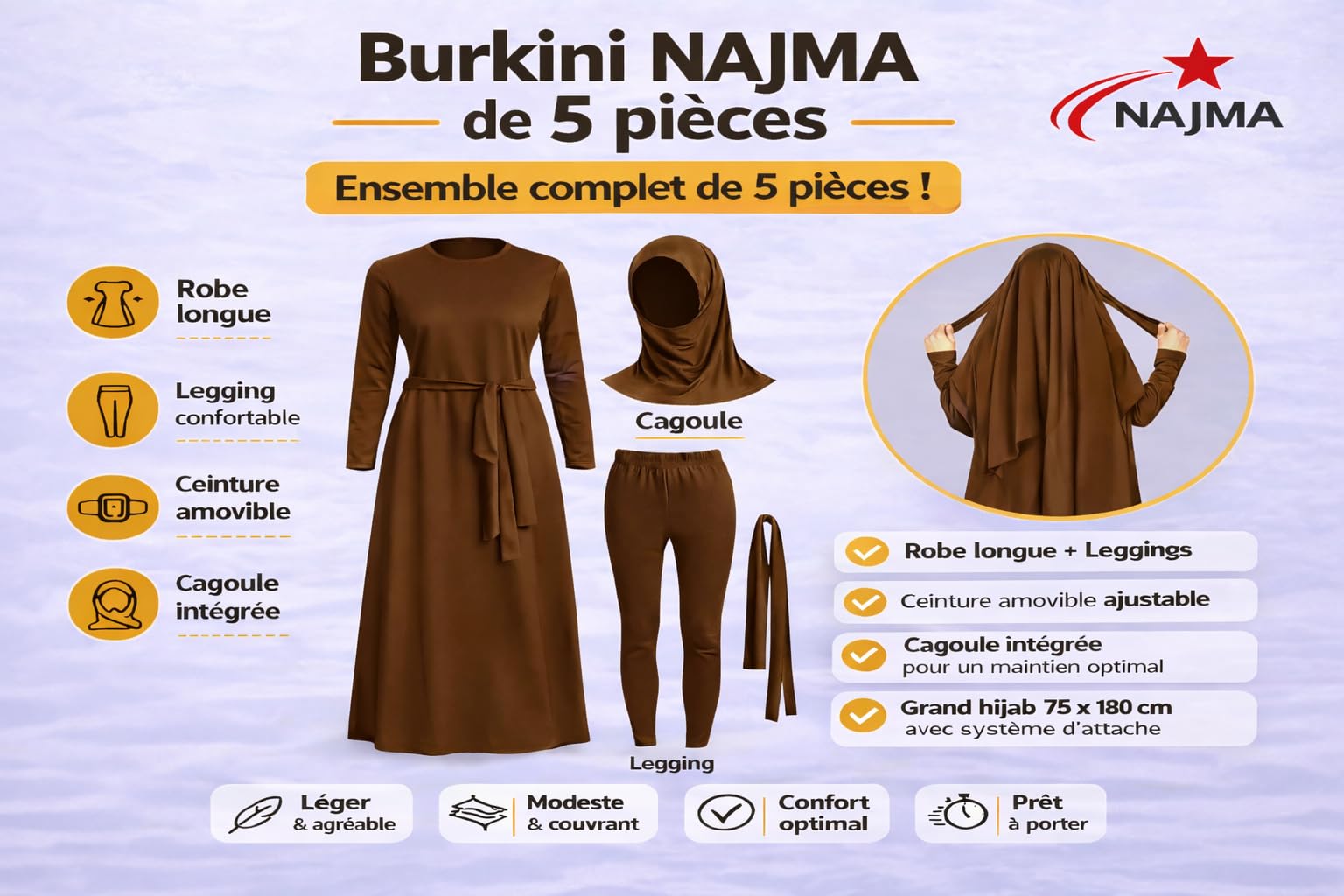 NAJMA, Burkini,Jilbeb di Bain,Burkin 5 Pezzi,Costume da bagno islamico donna musulmana