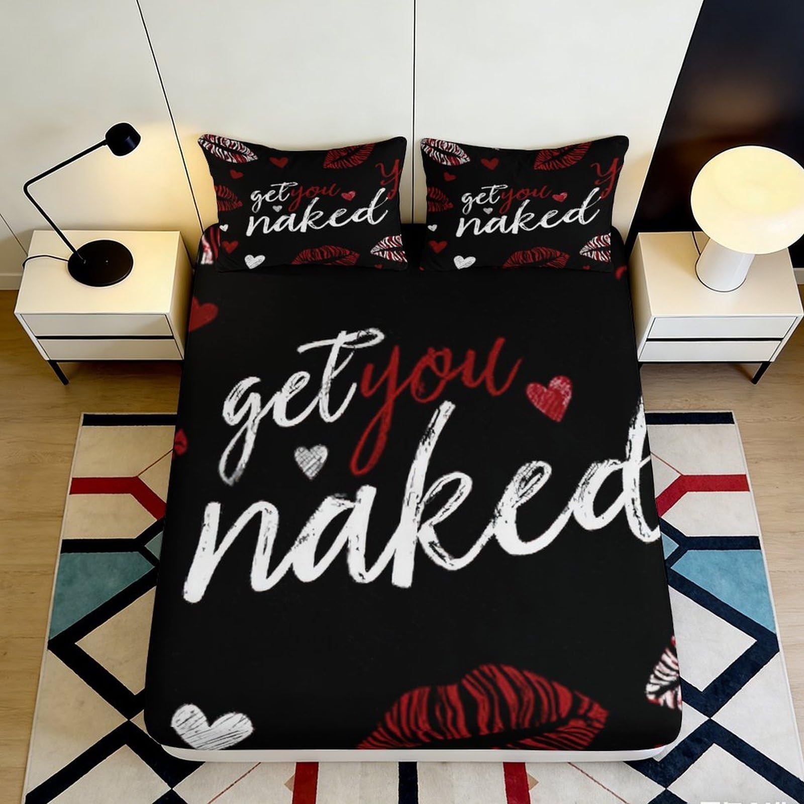 3D Printed Red Lips Heart Fitted Sheet Microfiber Black Romantic Letter Bed Sheet for Bedroom Guestroom Decor 90x200x25cm