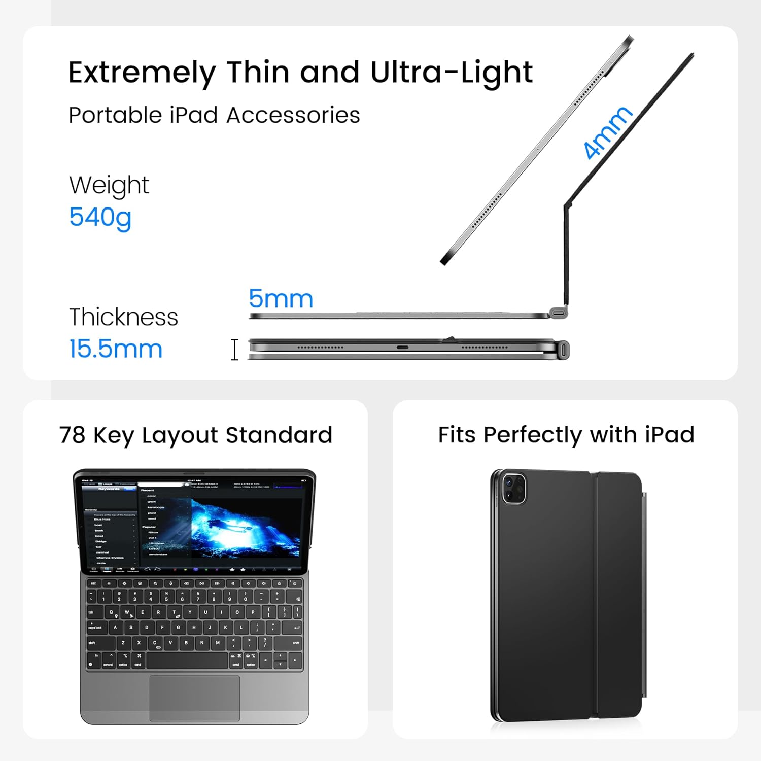 doqo Keyboard Case for iPad Pro 11 inch (M5 2025/M4 2024) Magic Style Magnetic Keyboard Case with Multi-Touch Trackpad Slim 7colors Backlit Aluminum Alloy Black