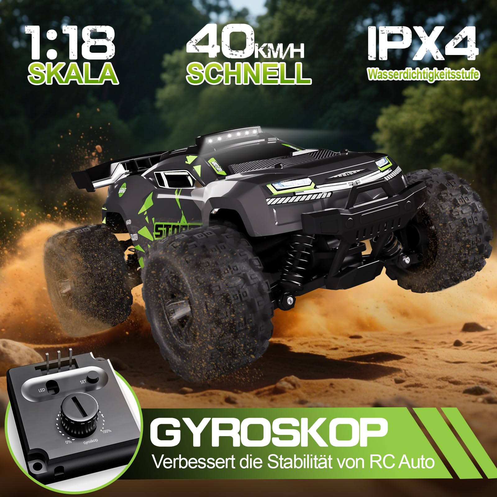 Zdalnie sterowany samochód 40 km/h, od 8, 10 lat, 1/18 RC Auto Offroad z 2 zestawami opon i 2 akumulatorami 50 minut, 2,4 GHz Monster Truck zdalne sterowanie ze światłem, 4WD wodoszczelny samochód RC