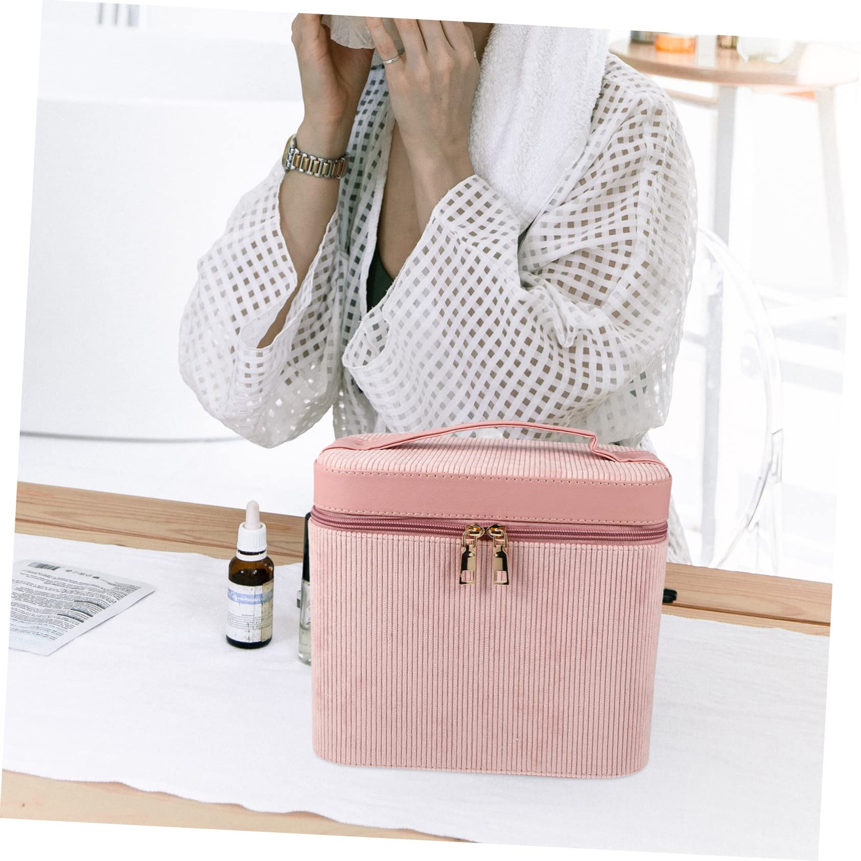 Borsa Toilette Donna da Viaggio in Velluto a Coste Rosa con Doppio Strato e Specchio Portatile per Conservare Cosmetici e Organizzare Trucchi con Stile