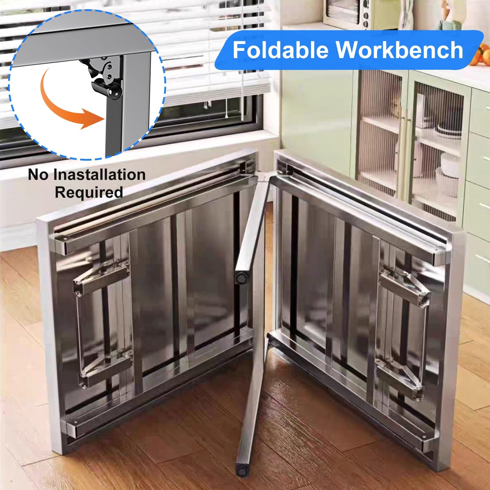 Tavolo da lavoro pieghevole in acciaio inossidabile, banco da lavoro rettangolare per sala da pranzo e cucina, base aperta, certificato NSF, altezza regolabile 55/75 cm, tavolo multiuso argento