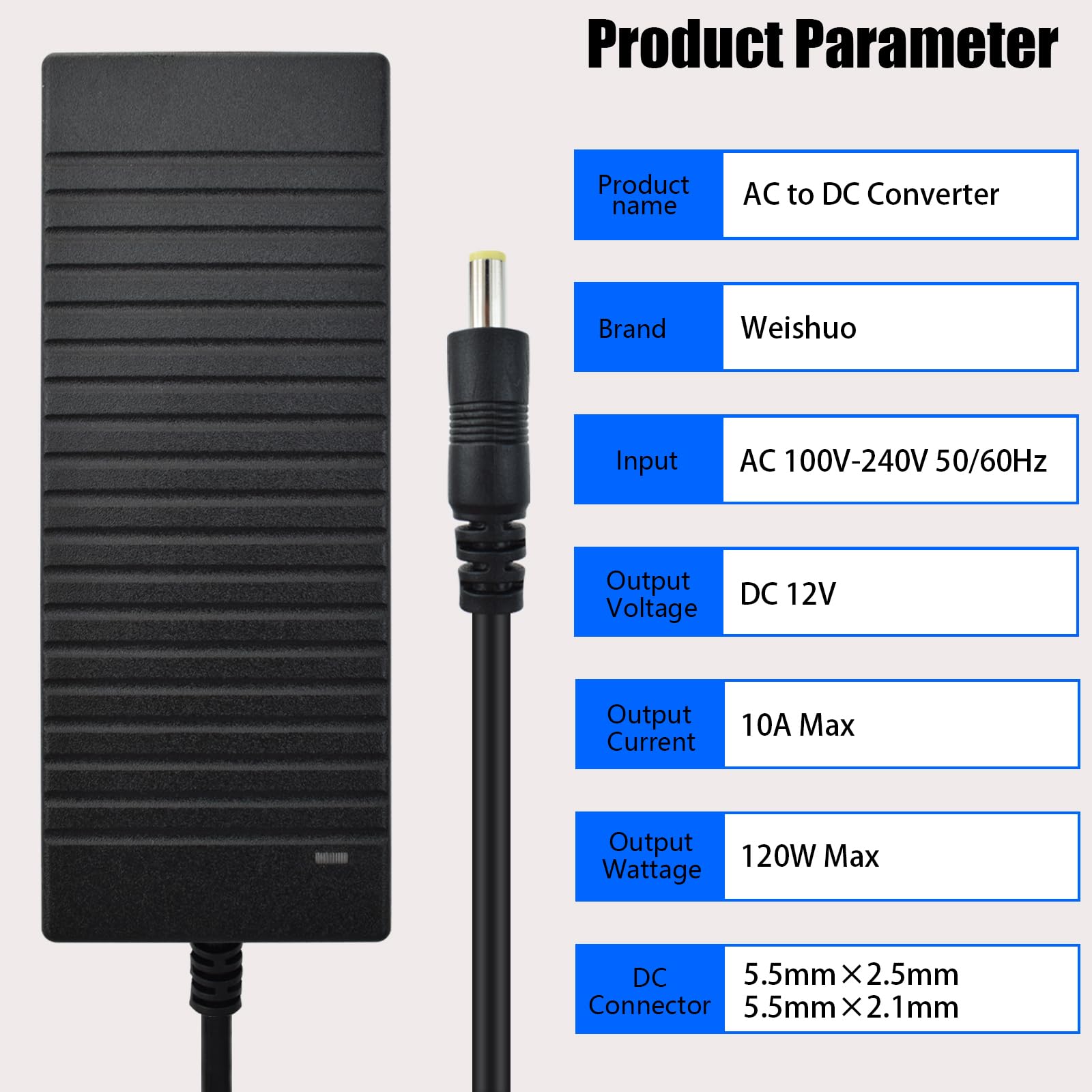 Zasilacz AC 100-240V do 12V 10A Transformator 120W Uniwersalny zasilacz z wtyczką 5,5 x 2,5 mm do taśm LED, kamer, DVD, ekranów LCD i innych