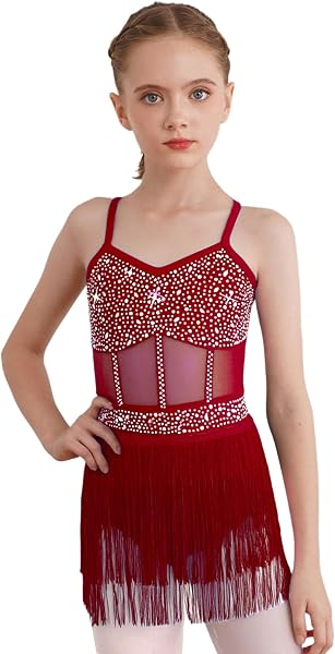 YEAHDOR Latin American Dance Dress Girls with Tassel Sequins Leotards Ballet Leotards Ballet Sleeveless Costume Samba Rumba Salsa - 5
