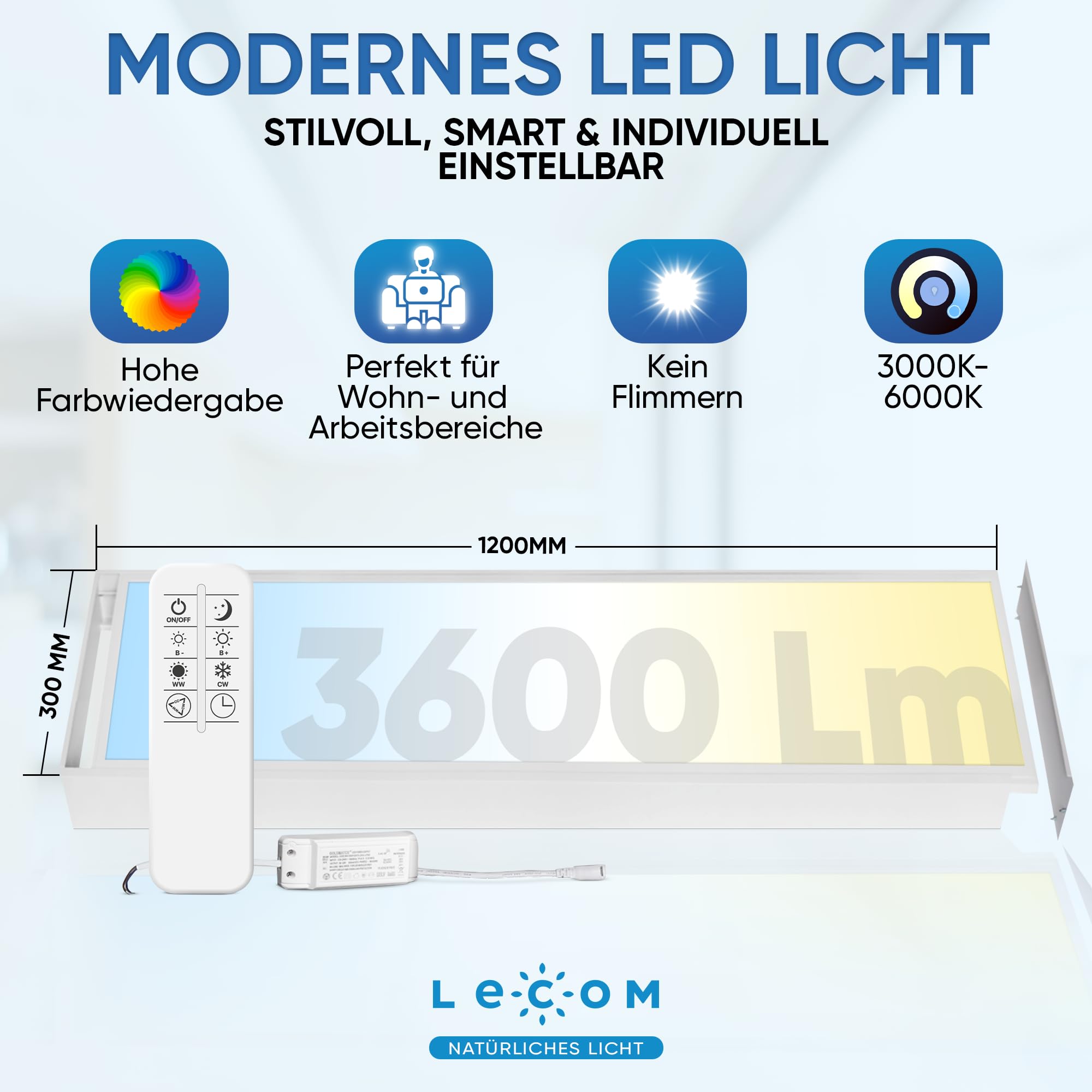 LECOM LED Panel 120x30 Dimmbar 3000-6000K CRI90 Fernbedienung Aufbaurahmen | LED Deckenleuchte Aufputz. Natürliche Farben dank CRI90 für Verkaufsräume, Bibliotheken, Schulungsräume, Besprechungsräume.