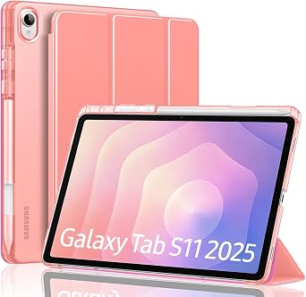 MoKo Samsung Galaxy Tab S11 Case 11" 2025 SM-X730/SM-X736B with S Pen Holder Slim Lightweight Trifold Protective Cover with Hard PC Translucent Back Shell Auto Wake/Sleep Conch Shell Pink