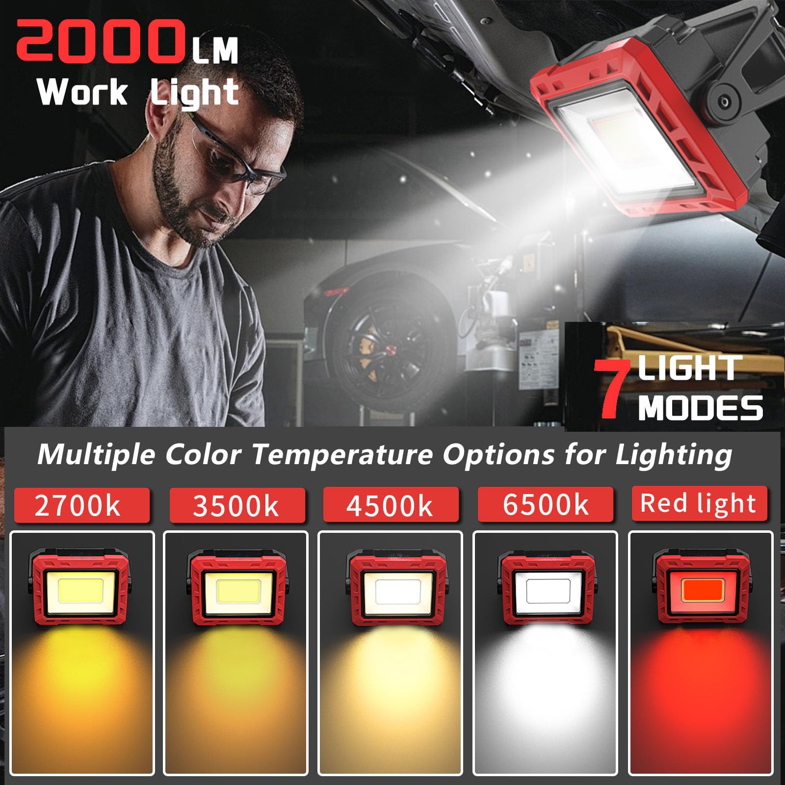 Lampada da lavoro a LED, 2000 lumen, super luminosa, ricaricabile, portatile, con base magnetica, per garage, officina, cantiere, campeggio (rosso)