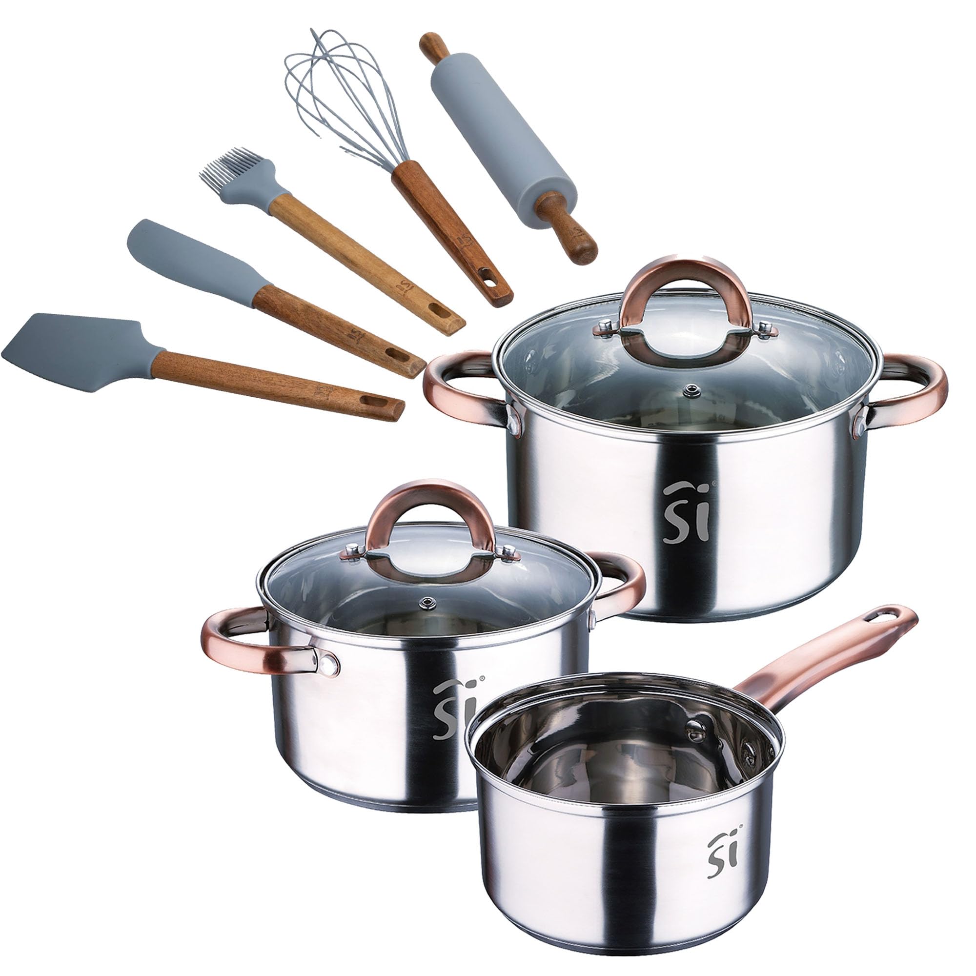 Topfset 5-teilig Edelstahl Ø16Ø18Ø20 induktionsgeeignet + 5-teiliges Küchenhelfer Set Silikon Akazienholz NOIA San Ignacio