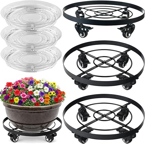 3 paquetes de 13.6 pulgadas grande de metal para plantas con ruedas, soporte de plantas con ruedas resistente para interiores y exteriores, Negro
