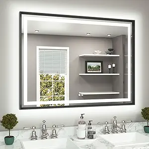TETOTE 48 x 36 Bathroom LED Mirror Brushed Black Metal Frame Frontlit & Backlit Vanity Mirror Stepless Dimmable Anti-Fog 3 Colors White/Warm/Natural Light up Vanity Wall-Mounted