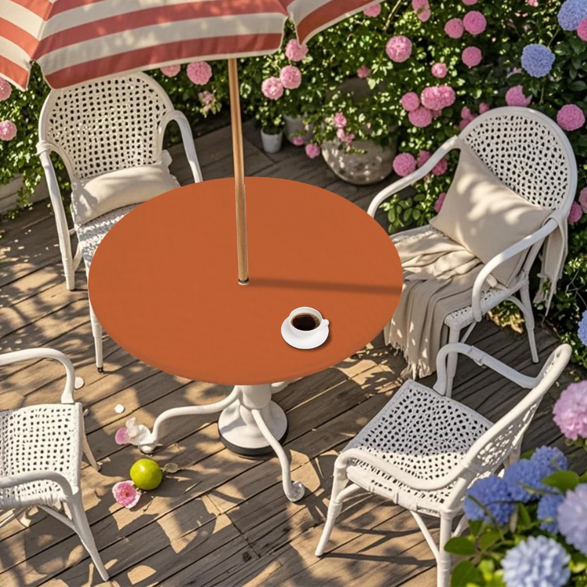 Orange Solid Color Outdoor Tablecloth with Umbrella Hole and Zipper,Waterproof Round Fitted Table Cloth with Elastic,Wipeable Table Cover for Patio Garden Picnic,Fits 45"-56" Tables